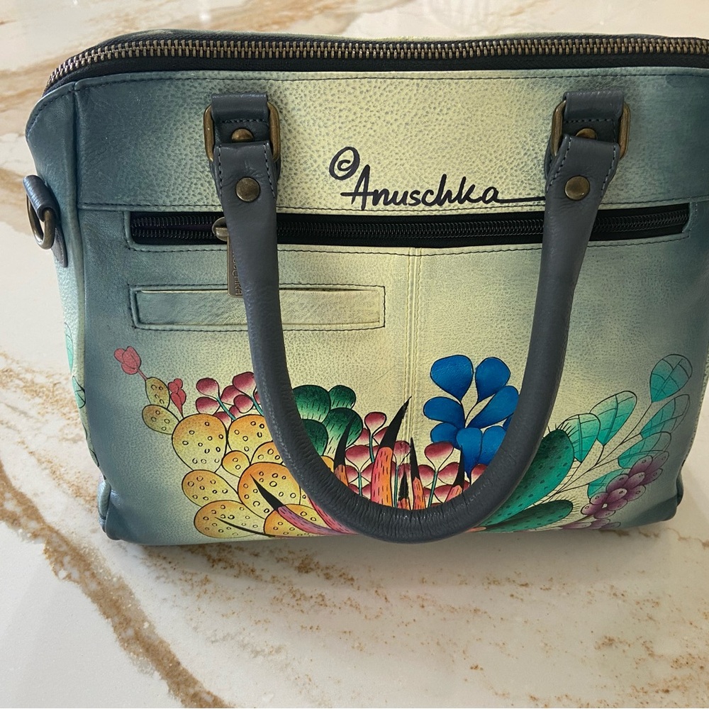 Anuschka Blue and Green Hand-Painted Shoulder Bag